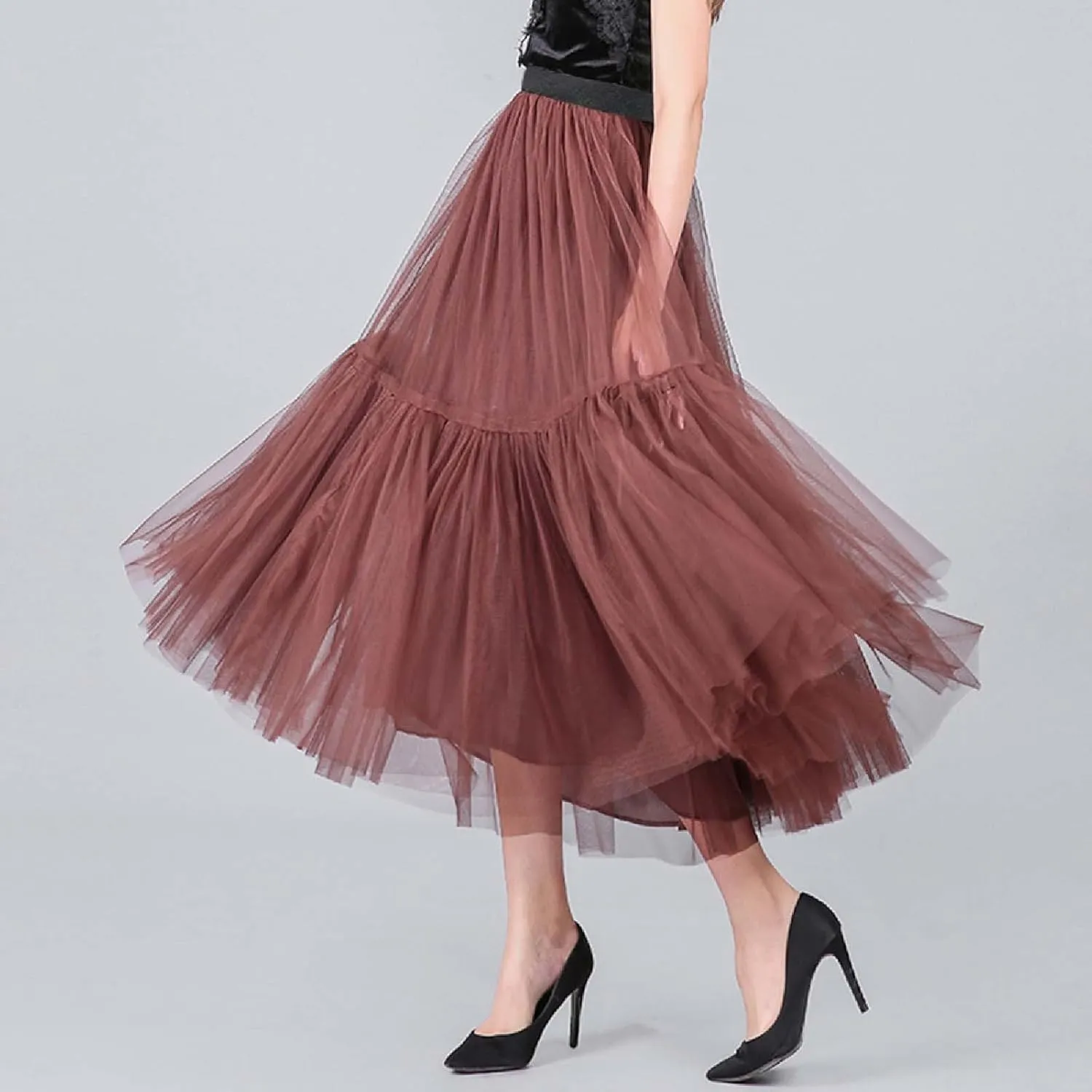Women's A Line Tulle Party Dinner Tutu Skirt Brown Stretchy High Waisted Flared Skirt Plus Size Womens Skirts