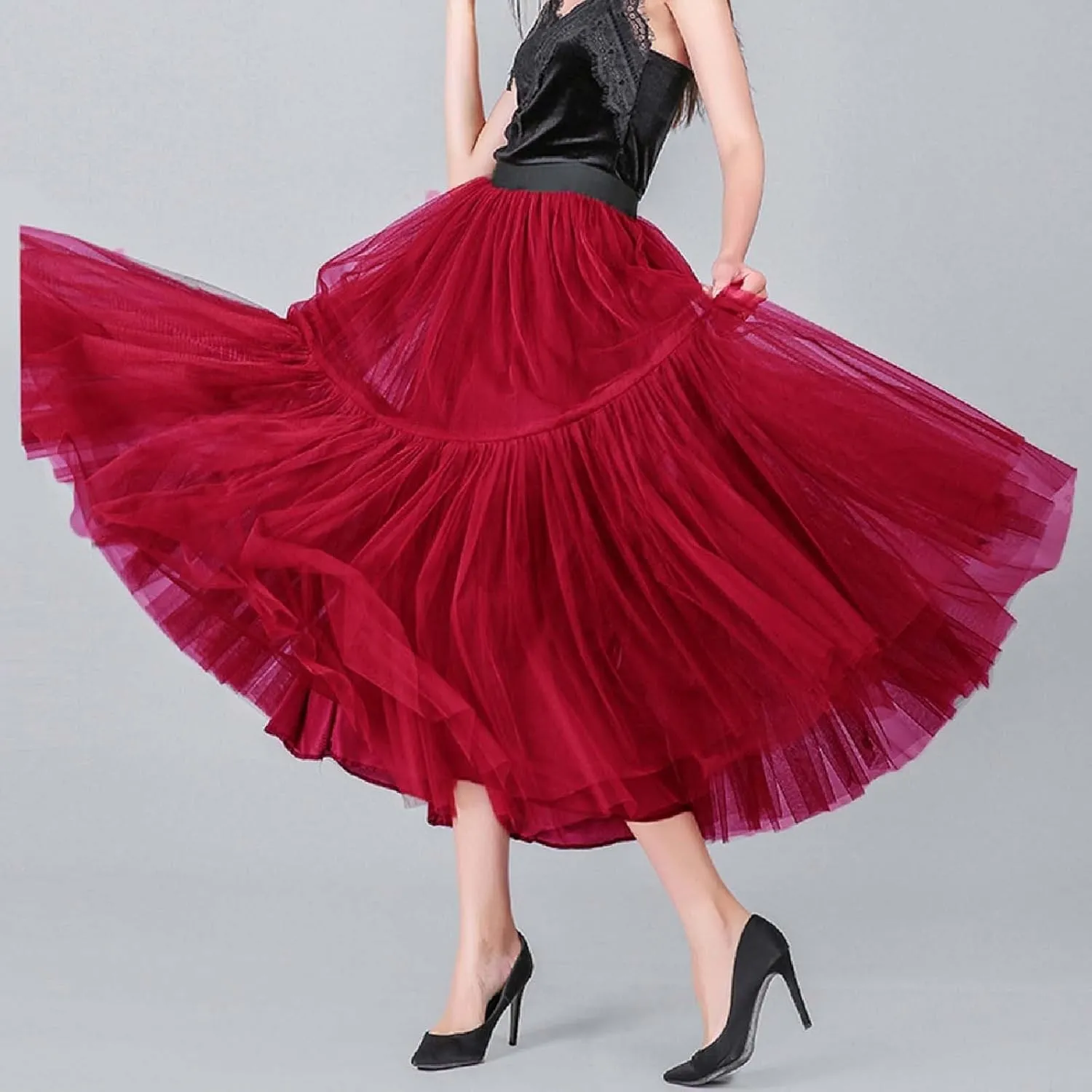 Women's A Line Tulle Party Dinner Tutu Skirt Brown Stretchy High Waisted Flared Skirt Plus Size Womens Skirts