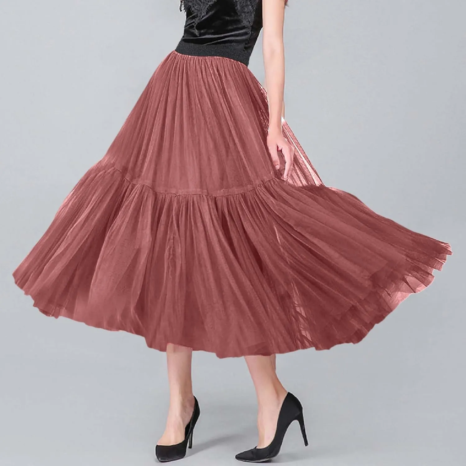 Women's A Line Tulle Party Dinner Tutu Skirt Brown Stretchy High Waisted Flared Skirt Plus Size Womens Skirts