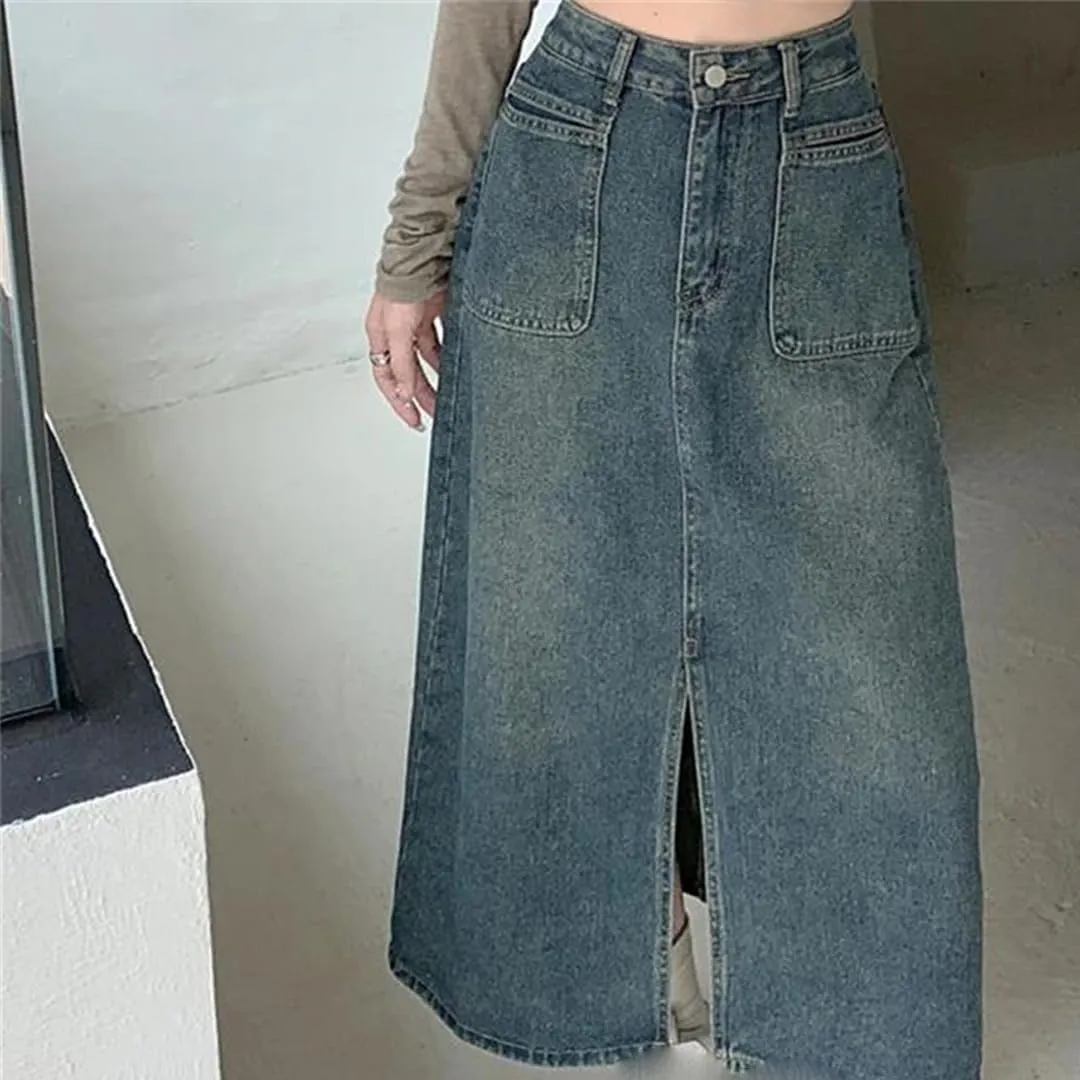 Women's Big Pockets Split Denim Skirt High Waisted Mid Length Washed Jean Skirt Slim A-Line Work Dress