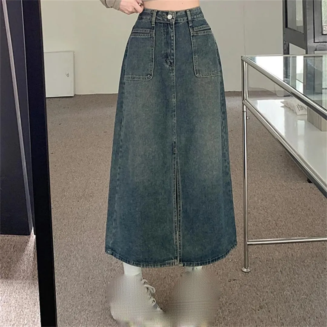Women's Big Pockets Split Denim Skirt High Waisted Mid Length Washed Jean Skirt Slim A-Line Work Dress