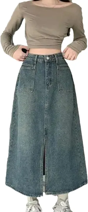Women's Big Pockets Split Denim Skirt High Waisted Mid Length Washed Jean Skirt Slim A-Line Work Dress