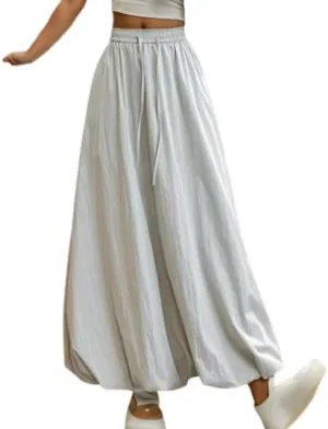 Women's Bubble Maxi Skirt Casual High Elastic Waist A Line Pleated Midi Skirt Summer Solid Color Lantern Skirt with Pockets