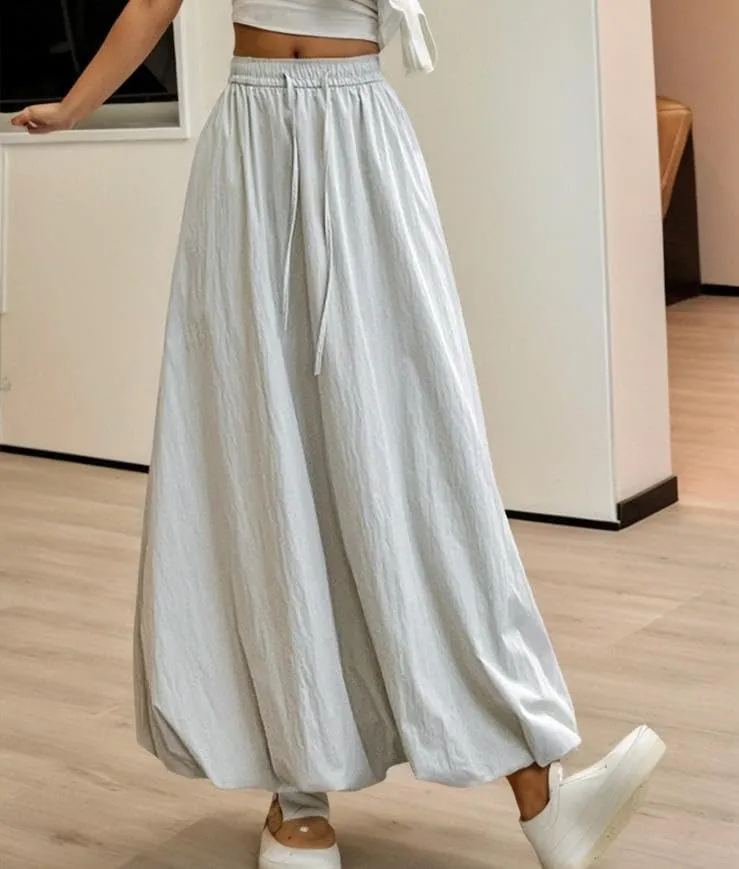 Women's Bubble Maxi Skirt Casual High Elastic Waist A Line Pleated Midi Skirt Summer Solid Color Lantern Skirt with Pockets