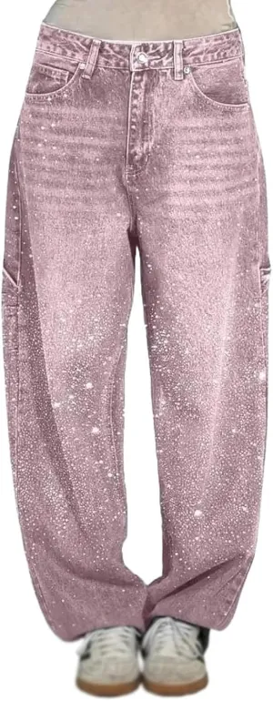 Women's Casual Rhinestone Loose Harem Jeans, Rhinestone Loose Harem for Women with Pockets