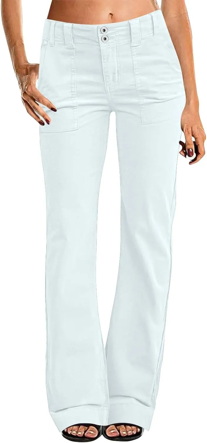 Womens Casual Stretch Twill Pants Classic Straight Fit Chino Pant High Waisted Work Outdoor Flare Pants with Pockets
