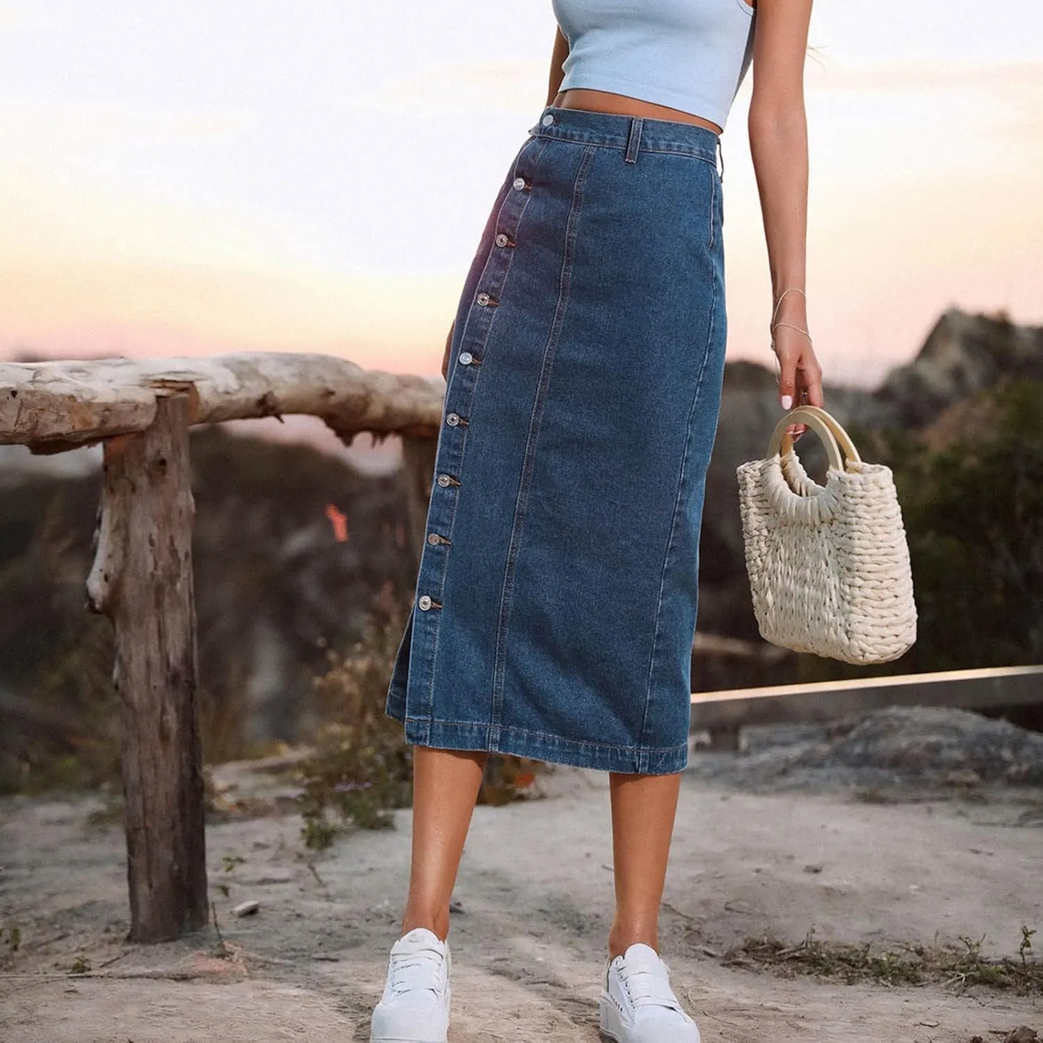Women's Clothing European and Button Irregular Slit Denim High Waist Long Skirt Casual Circle Skirts for Women
