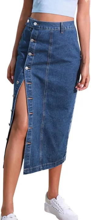 Women's Clothing European and Button Irregular Slit Denim High Waist Long Skirt Casual Circle Skirts for Women