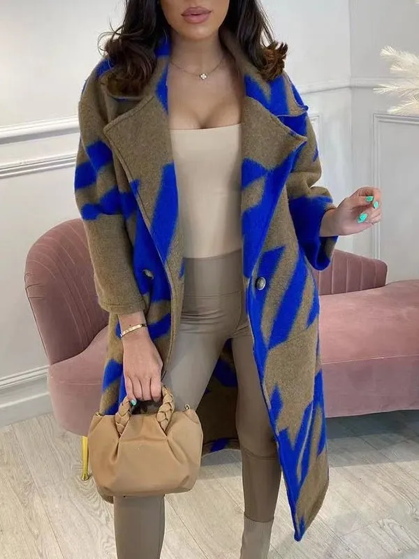 Women's Coats Color Block Long Sleeve Notched Lapel Printed Coat