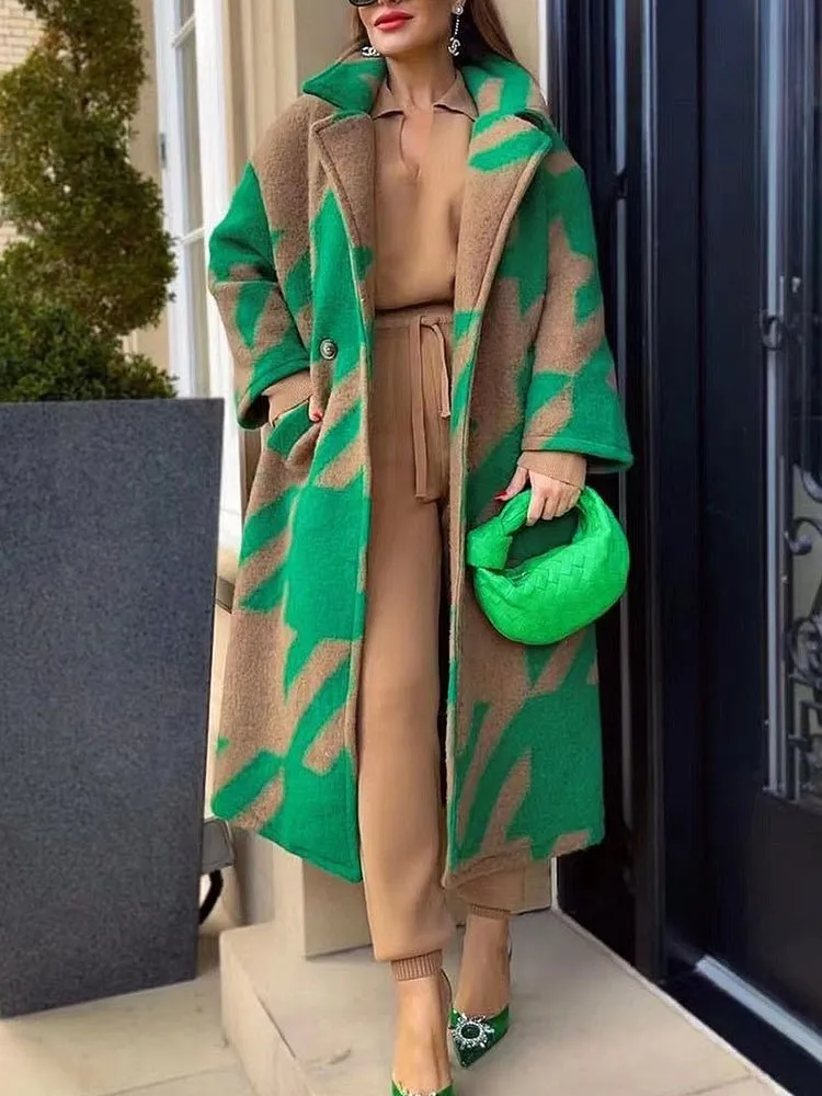 Women's Coats Color Block Long Sleeve Notched Lapel Printed Coat