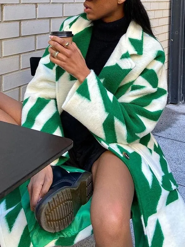 Women's Coats Color Block Long Sleeve Notched Lapel Printed Coat