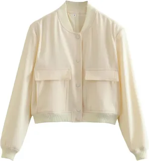 Women's Cropped Bomber Jacket Long Sleeve Lightweight Casual Button Down Baseball Varsity Jacket with Pockets