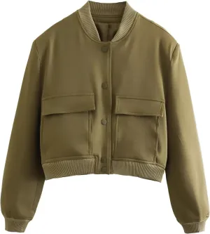 Women's Cropped Bomber Jacket Long Sleeve Lightweight Casual Button Down Baseball Varsity Jacket with Pockets