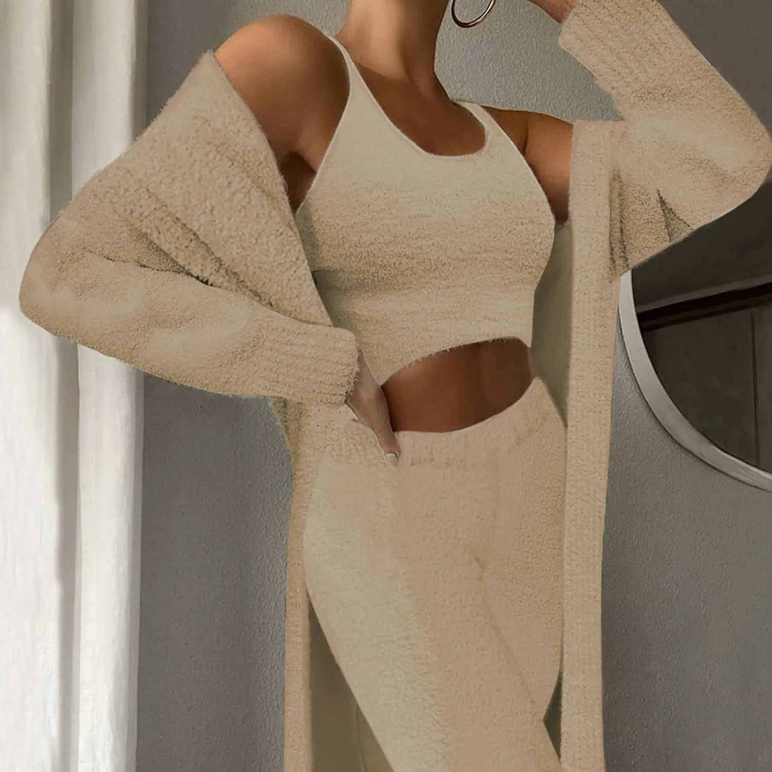 Women's Fuzzy 3 Piece Sweatsuit Open Front Cardigan Crop Tank Tops Wide Legs Pants Lounge Sets