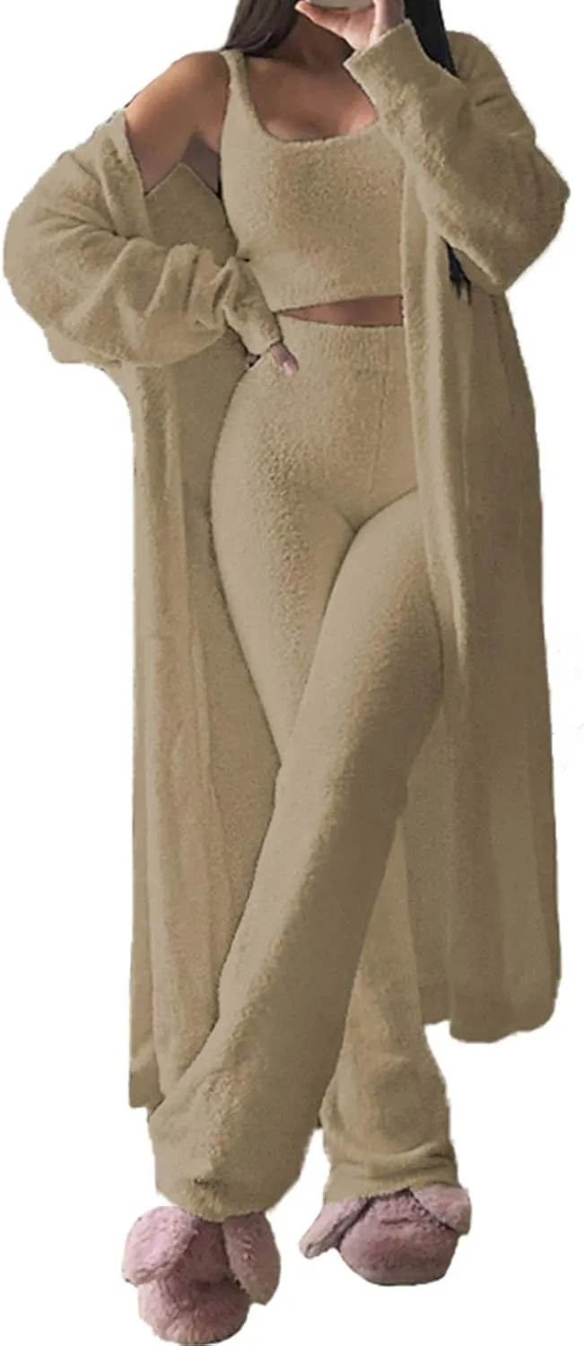 Women's Fuzzy 3 Piece Sweatsuit Open Front Cardigan Crop Tank Tops Wide Legs Pants Lounge Sets