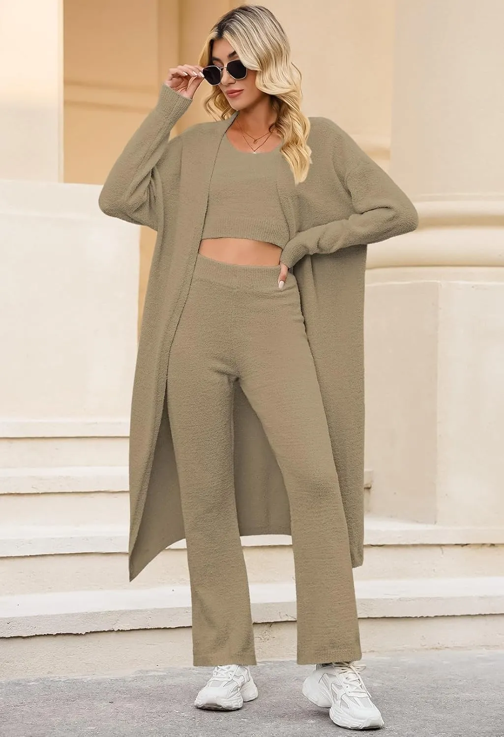 Women's Fuzzy 3 Piece Sweatsuit Open Front Cardigan Crop Tank Tops Wide Legs Pants Lounge Sets