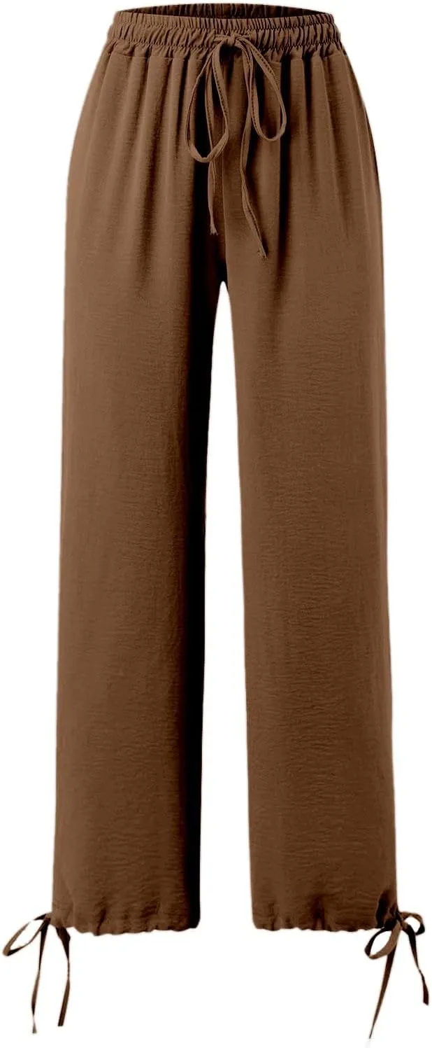Women's Hiking Pants with Pockets Drawstring Elastic Casual High Waist Straight Wide Leg Trouser for Women 2025
