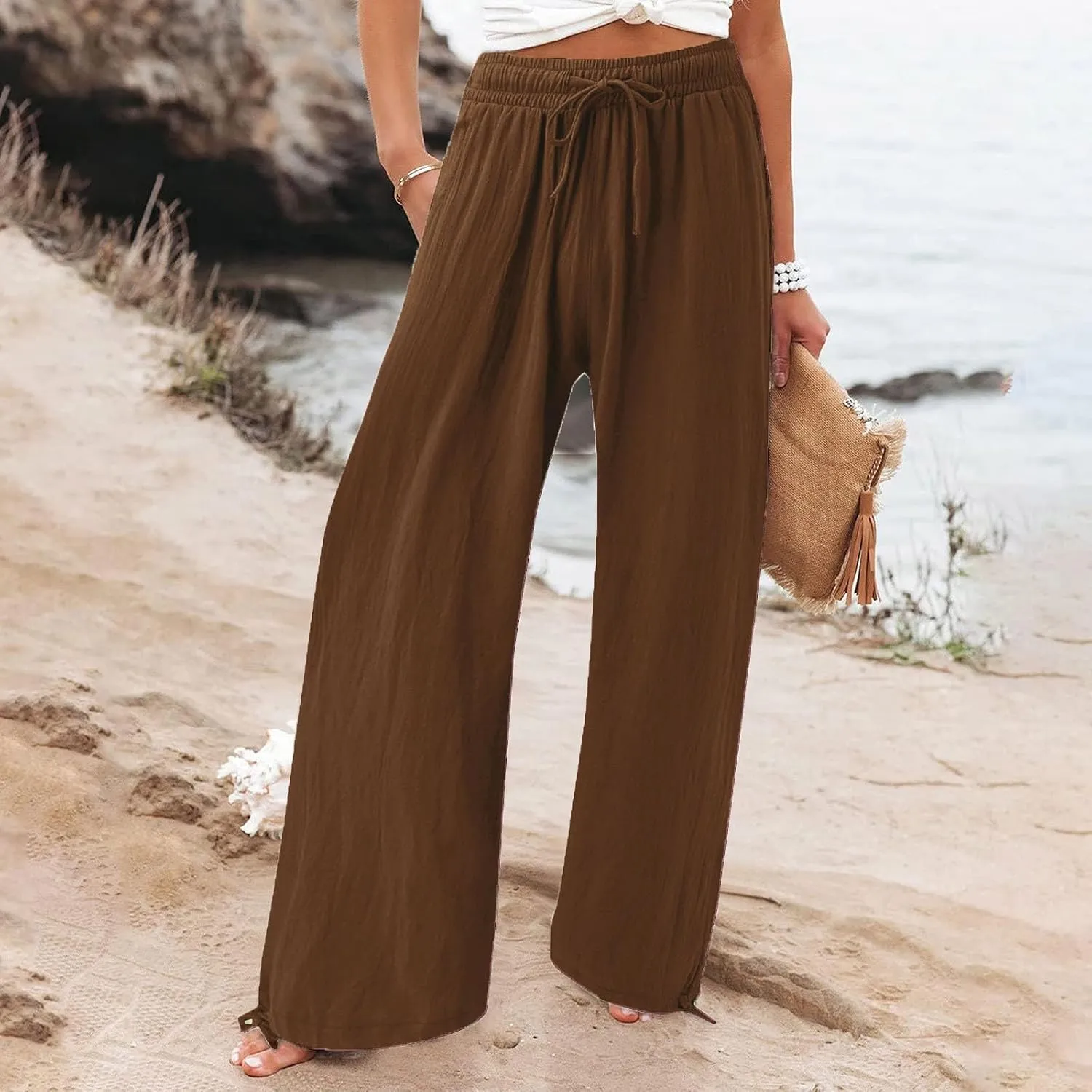 Women's Hiking Pants with Pockets Drawstring Elastic Casual High Waist Straight Wide Leg Trouser for Women 2025