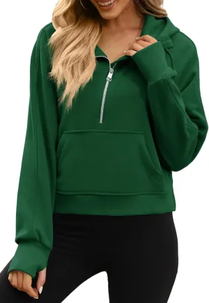 Womens Hooded Pullover Sweatshirts Half Zipper Crop Hoodie Fleece Lined Collar Zip Up Hoodies Cropped Long Sleeve Tops