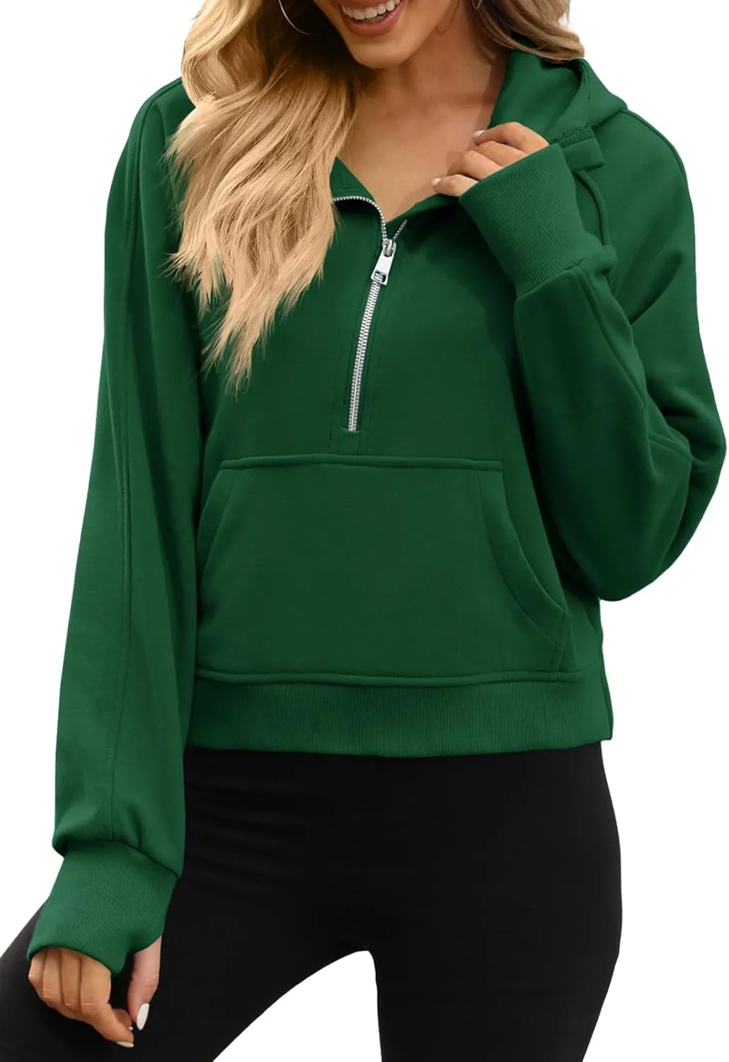 Womens Hooded Pullover Sweatshirts Half Zipper Crop Hoodie Fleece Lined Collar Zip Up Hoodies Cropped Long Sleeve Tops