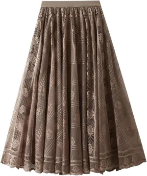 Women's Lace A-Line Pleated Mesh Midi Skirt Spring Medium Length Long Skirt
