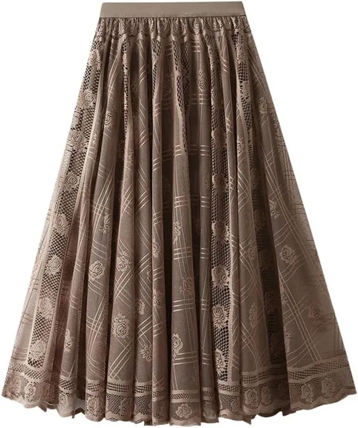 Women's Lace A-Line Pleated Mesh Midi Skirt Spring Medium Length Long Skirt