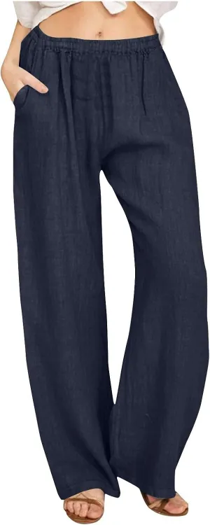 Womens Linen Pants Straight Leg Plus Size High Waisted Linen Pants Women Casual Beach Trousers with Pockets