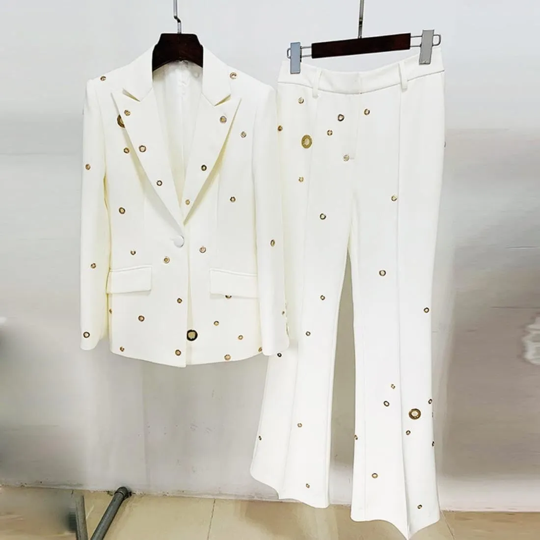 Womens Metal Hole Pant Suit Set Single Button Ladies Blazer Jacket Trouser 2 Piece Wedding Party Outfits