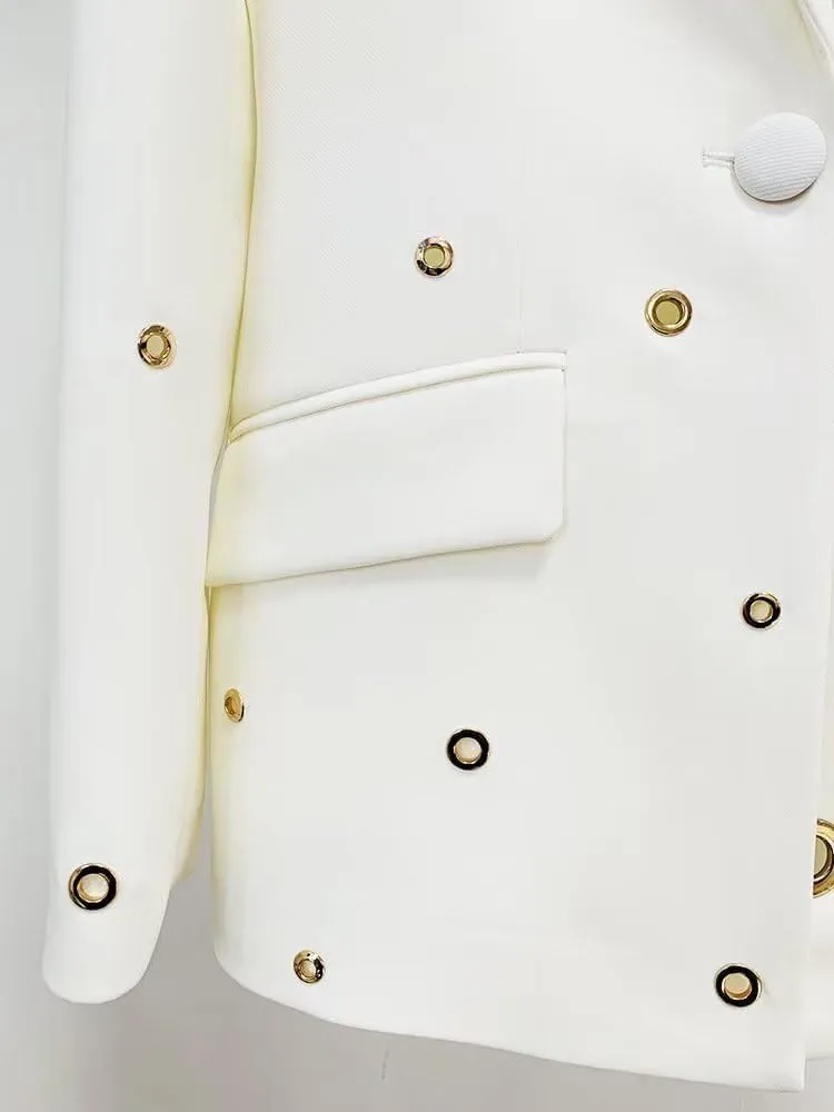 Womens Metal Hole Pant Suit Set Single Button Ladies Blazer Jacket Trouser 2 Piece Wedding Party Outfits