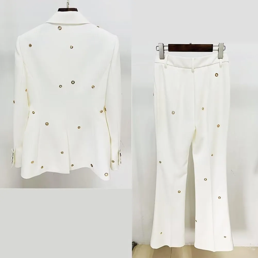 Womens Metal Hole Pant Suit Set Single Button Ladies Blazer Jacket Trouser 2 Piece Wedding Party Outfits