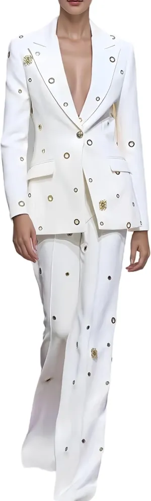 Womens Metal Hole Pant Suit Set Single Button Ladies Blazer Jacket Trouser 2 Piece Wedding Party Outfits