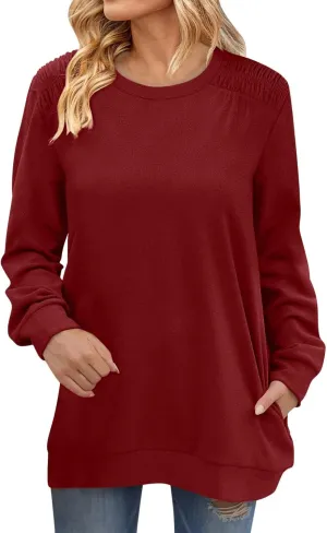 Womens Oversized Crewneck Sweatshirt Pleated Long Sleeve Tunic Tops Loose Fit Pullover Top Fall Clothes with Pockets