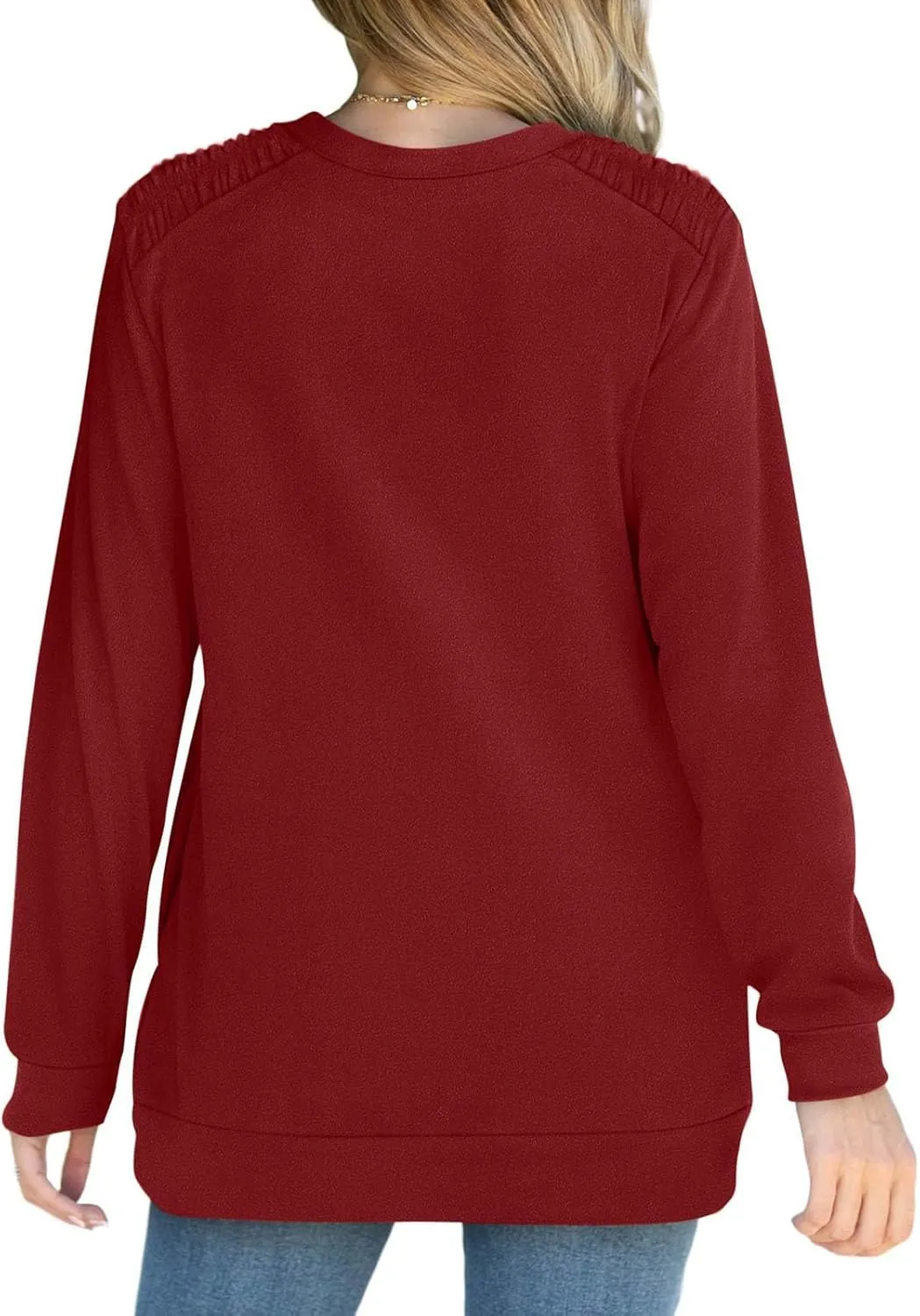 Womens Oversized Crewneck Sweatshirt Pleated Long Sleeve Tunic Tops Loose Fit Pullover Top Fall Clothes with Pockets