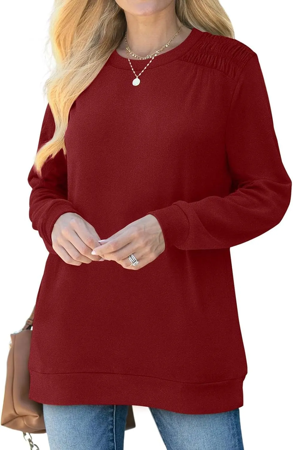 Womens Oversized Crewneck Sweatshirt Pleated Long Sleeve Tunic Tops Loose Fit Pullover Top Fall Clothes with Pockets