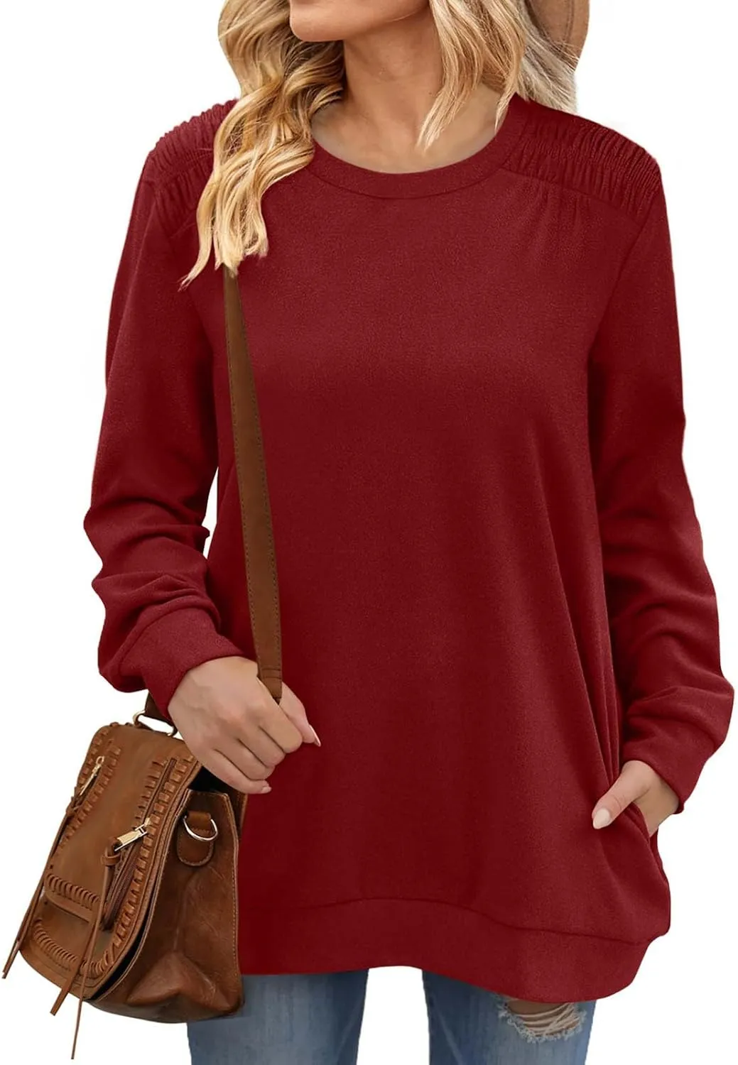 Womens Oversized Crewneck Sweatshirt Pleated Long Sleeve Tunic Tops Loose Fit Pullover Top Fall Clothes with Pockets