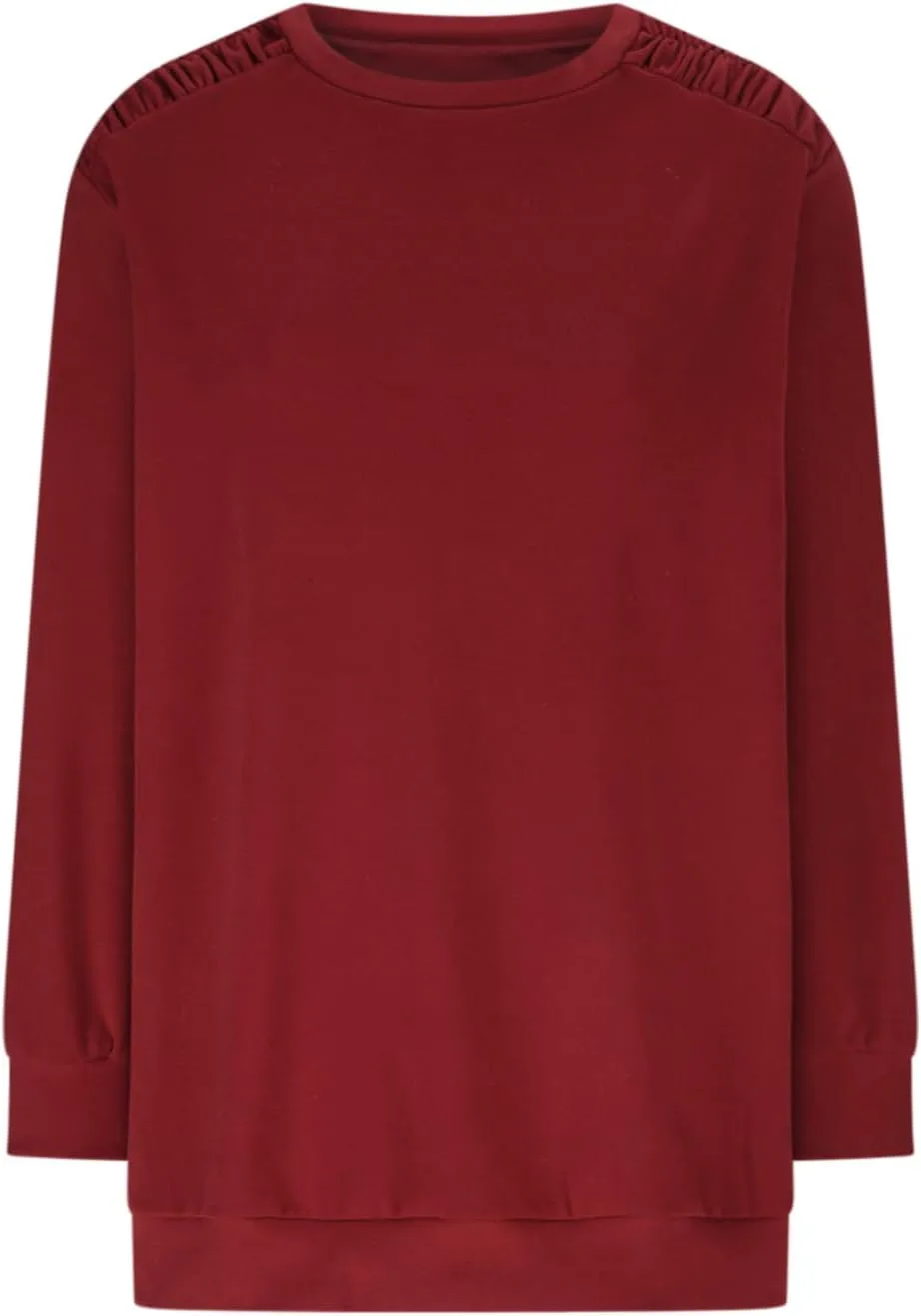 Womens Oversized Crewneck Sweatshirt Pleated Long Sleeve Tunic Tops Loose Fit Pullover Top Fall Clothes with Pockets
