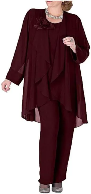 Women's Plus Size Chiffon Pants Suit 3 Pieces Dress Suit for Mother of The Bride Evening Gowns Outfit