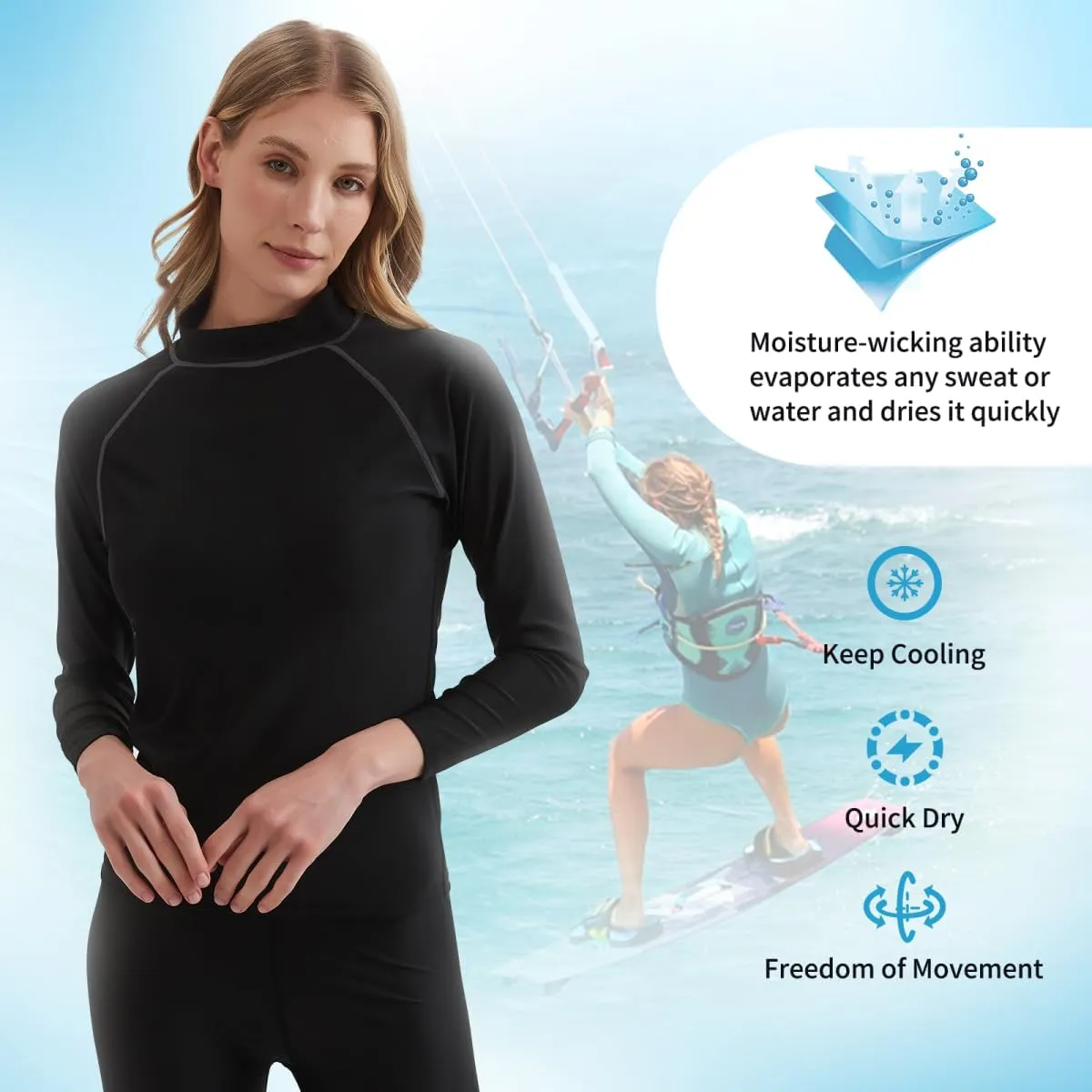 Womens Rash Guard Long Sleeve UPF 50  UV Swim Shirt Quick Dry Sun Protection Water Rashguard Tops for Surfing