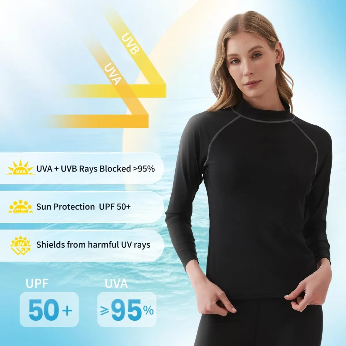 Womens Rash Guard Long Sleeve UPF 50  UV Swim Shirt Quick Dry Sun Protection Water Rashguard Tops for Surfing