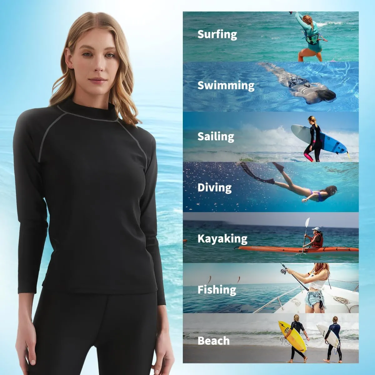 Womens Rash Guard Long Sleeve UPF 50  UV Swim Shirt Quick Dry Sun Protection Water Rashguard Tops for Surfing