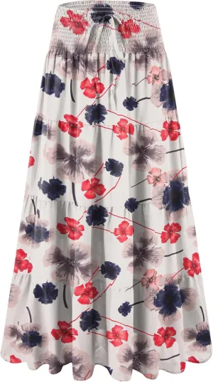 Womens Ruffle Maxi Skirts:High-Waist Elastic Pleated Long Skirt-Summer Casual Boho Flowy Skirts with Drawstring