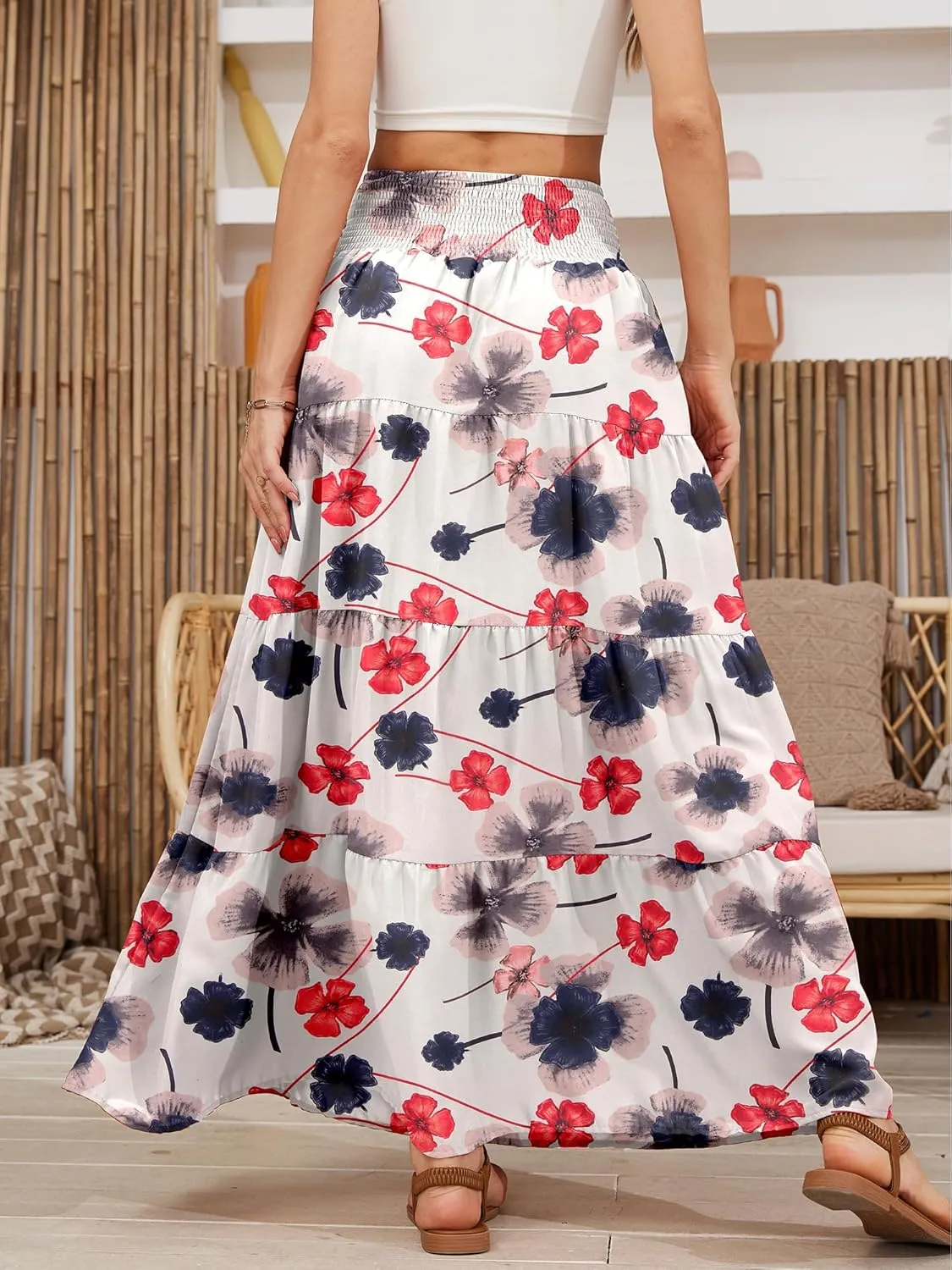 Womens Ruffle Maxi Skirts:High-Waist Elastic Pleated Long Skirt-Summer Casual Boho Flowy Skirts with Drawstring