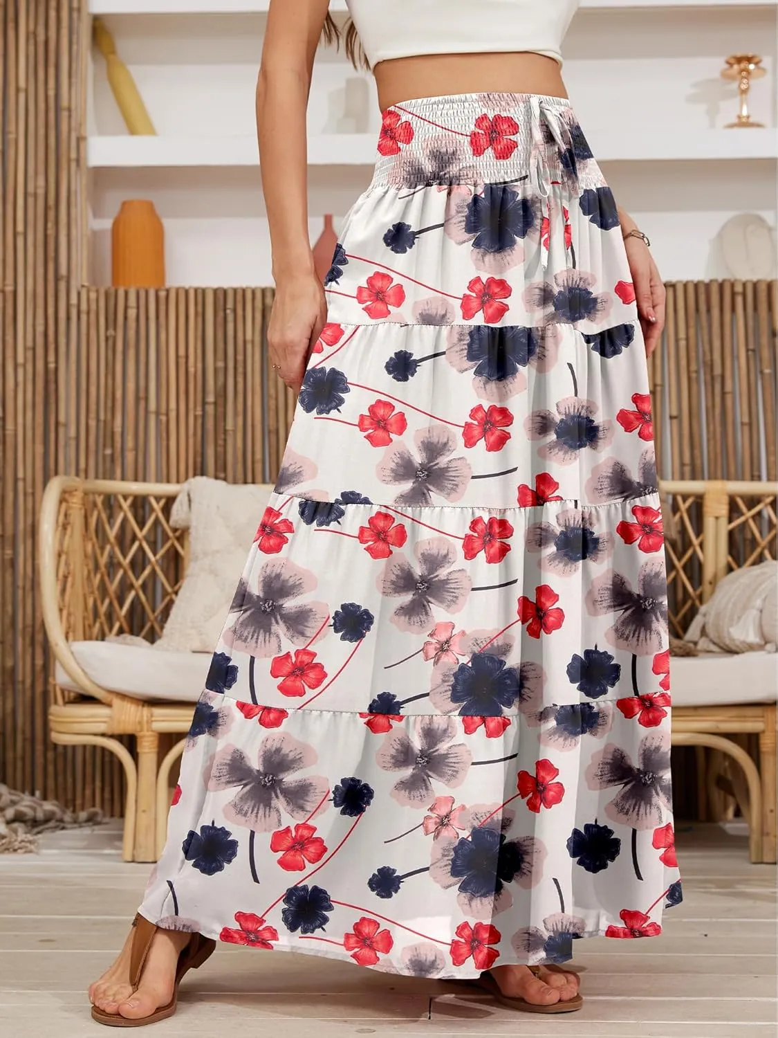 Womens Ruffle Maxi Skirts:High-Waist Elastic Pleated Long Skirt-Summer Casual Boho Flowy Skirts with Drawstring