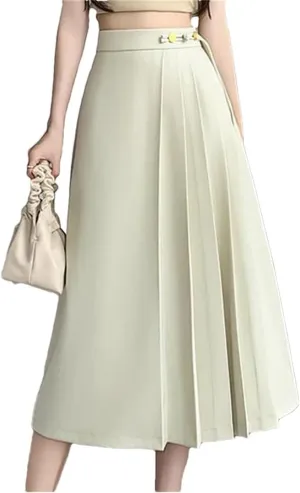 Women's Solid Color High Waist Pleated Skirts Office A-Line Mid Length Casual Skirts Beige M