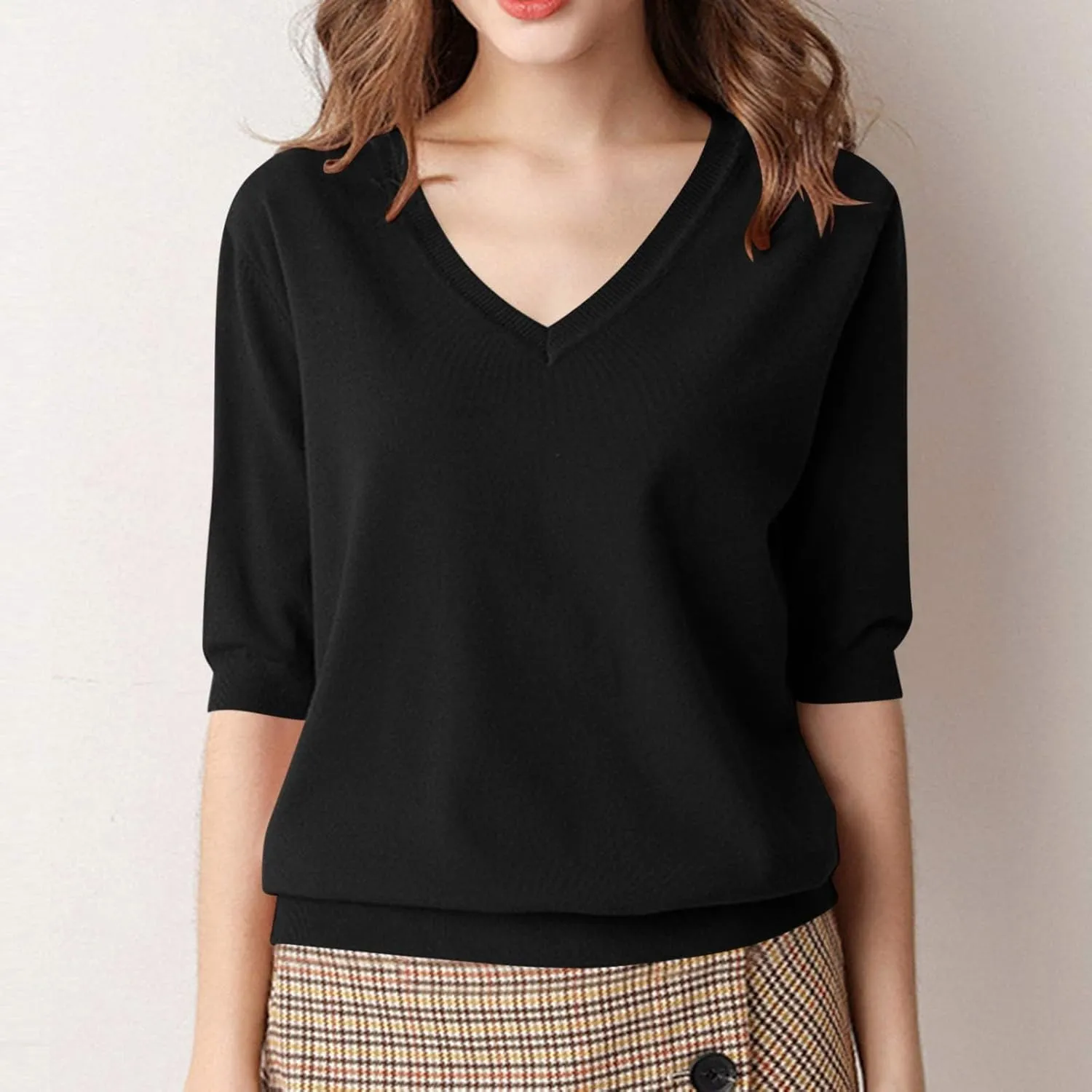 Women's Solid Color Knitted V-Neck Top Casual T-Shirt with Mid Sleeves,2024 Fall&Winter Trendy Womens Loose Tops