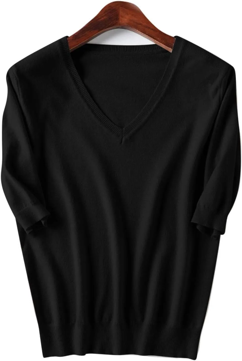 Women's Solid Color Knitted V-Neck Top Casual T-Shirt with Mid Sleeves,2024 Fall&Winter Trendy Womens Loose Tops