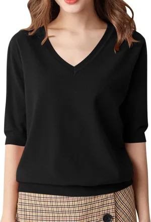 Women's Solid Color Knitted V-Neck Top Casual T-Shirt with Mid Sleeves,2024 Fall&Winter Trendy Womens Loose Tops
