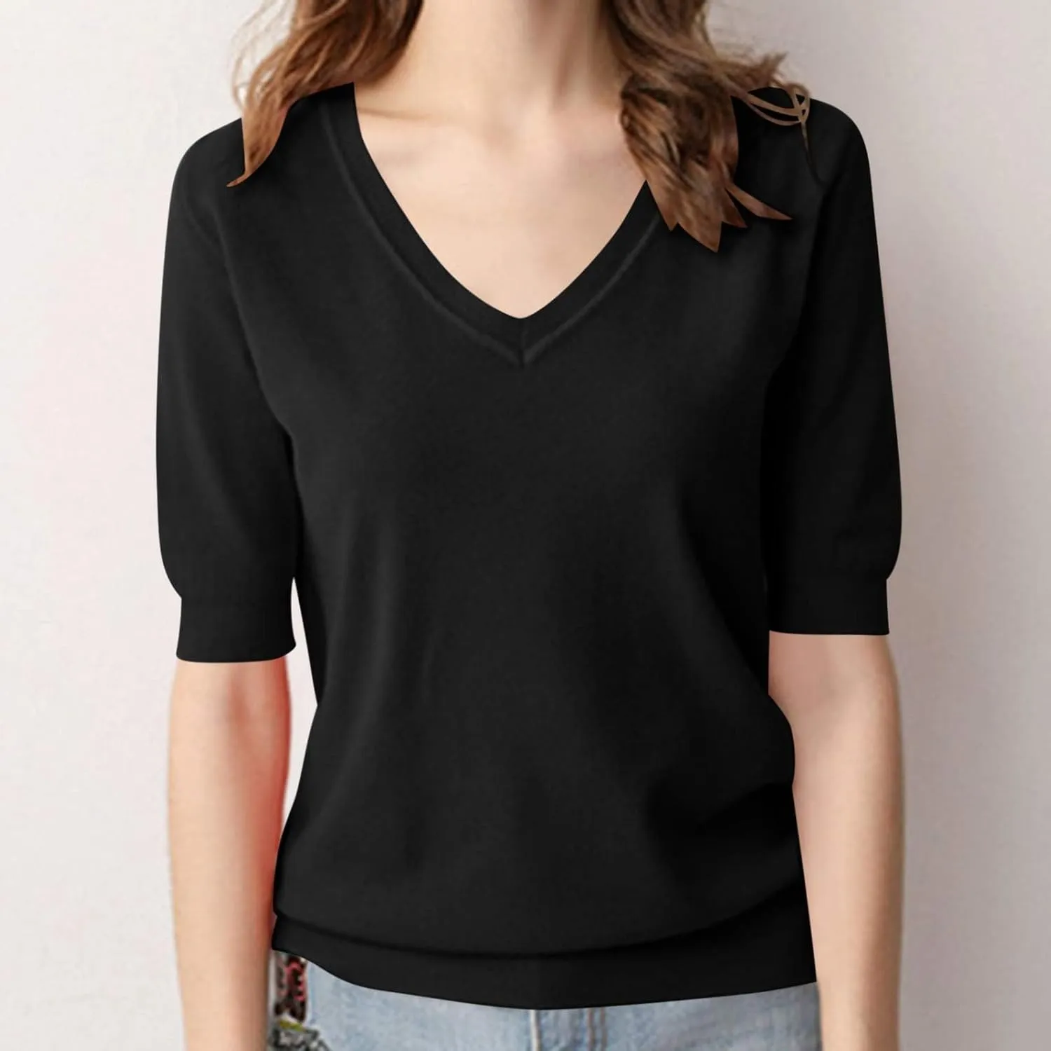 Women's Solid Color Knitted V-Neck Top Casual T-Shirt with Mid Sleeves,2024 Fall&Winter Trendy Womens Loose Tops