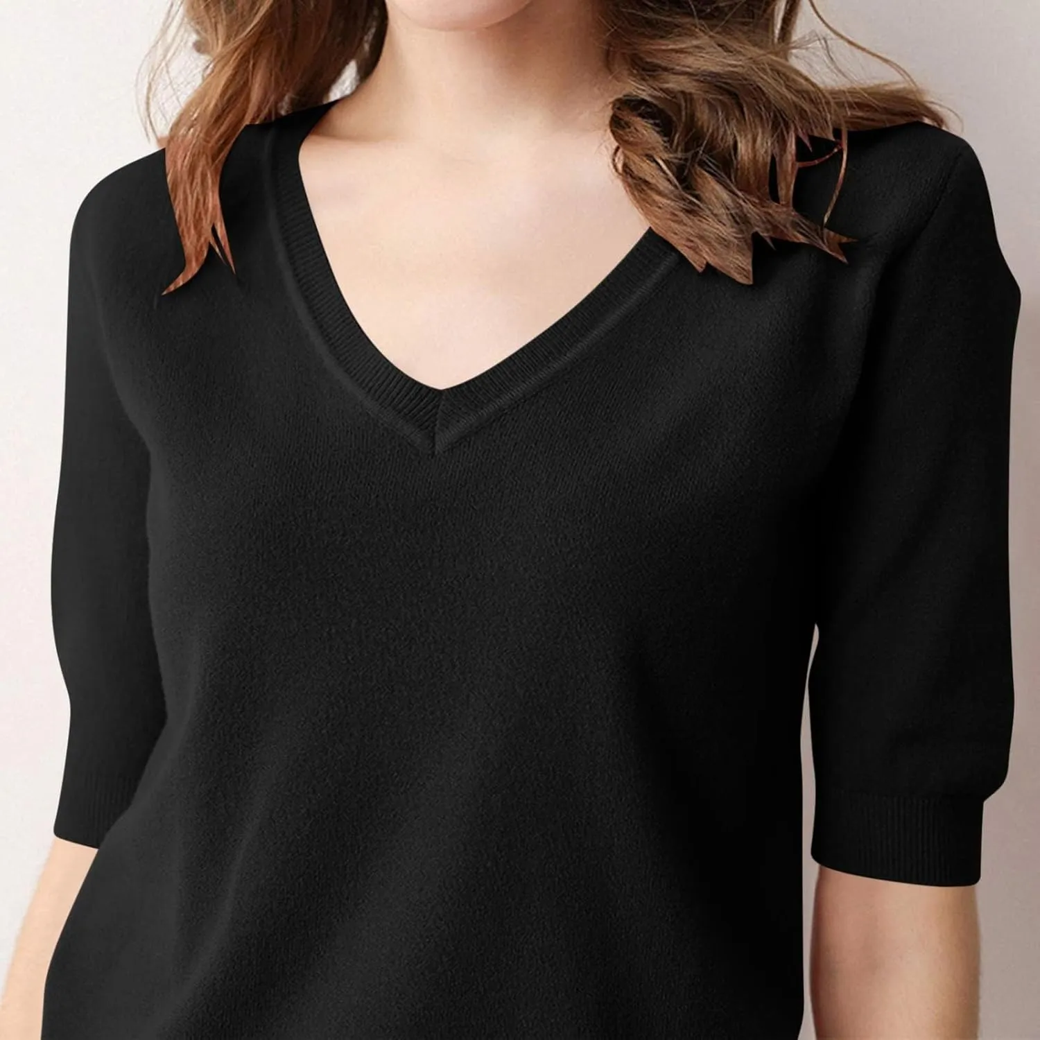 Women's Solid Color Knitted V-Neck Top Casual T-Shirt with Mid Sleeves,2024 Fall&Winter Trendy Womens Loose Tops