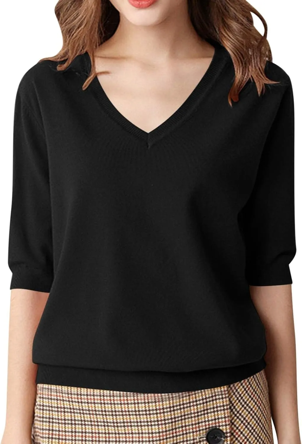 Women's Solid Color Knitted V-Neck Top Casual T-Shirt with Mid Sleeves,2024 Fall&Winter Trendy Womens Loose Tops
